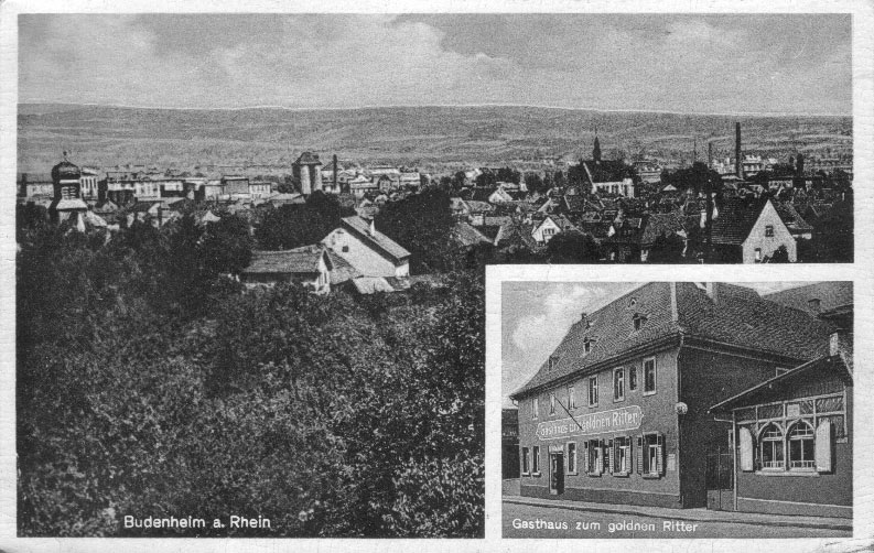Ansichtskarte mit Ortsansicht und Gasthaus „Zum goldenen Ritter“